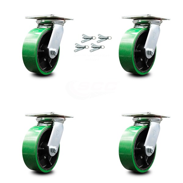 6 Inch Green Poly on Cast Iron Caster Set with Ball Bearings and Swivel Locks